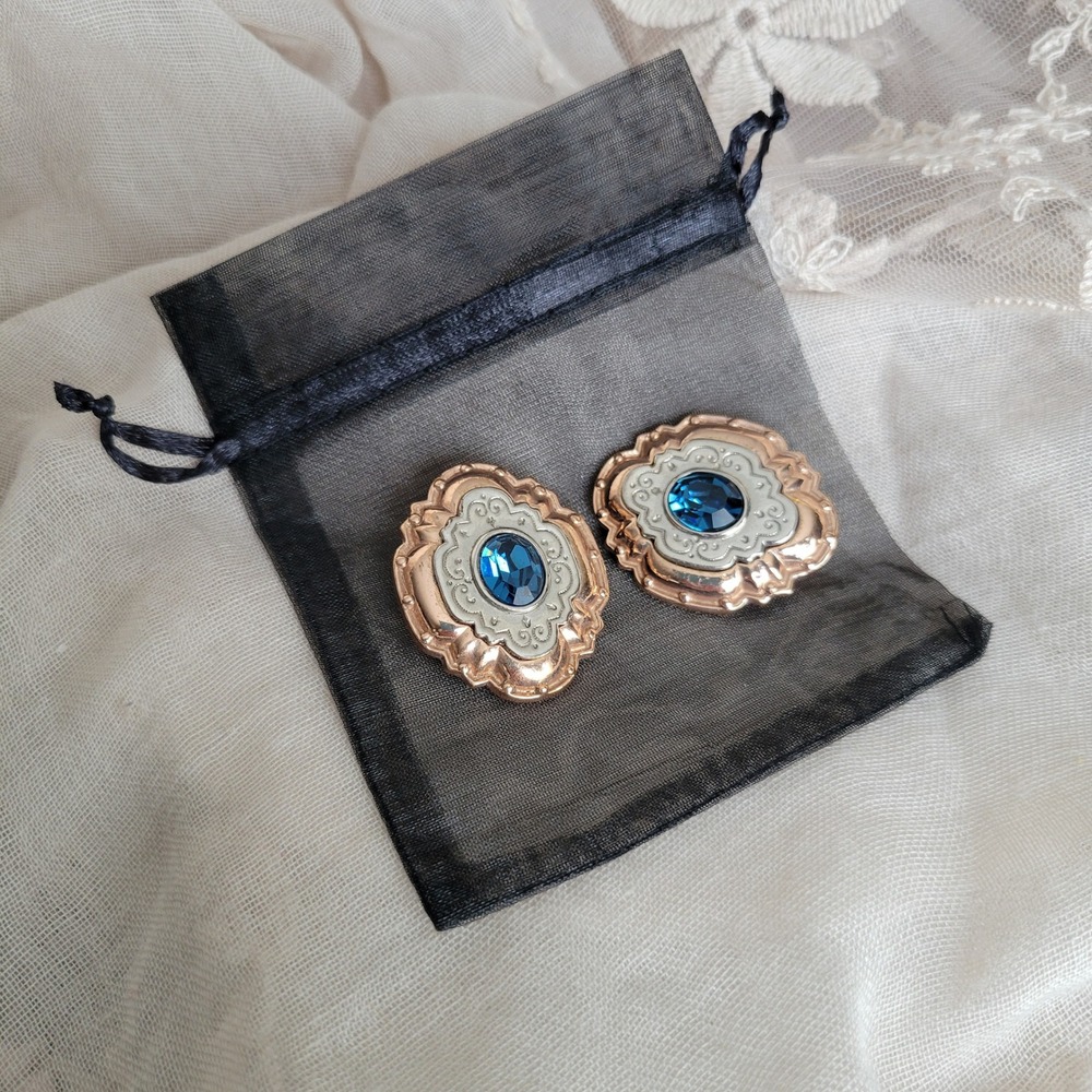 Vintage 1928 Mixed Metal Blue Crystal Clip On‎ Earrings 1980s Victorian Revival - Picture 6 of 7